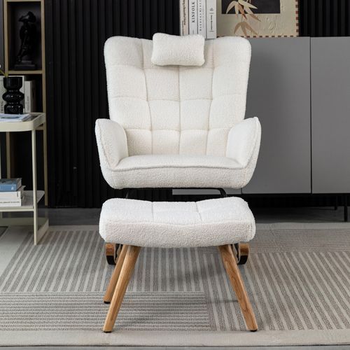 Fauteuil à Bascule Avec Repose-pieds, Rocking Chair Confortable En Tissu, Métal Et Bois, Blanc
