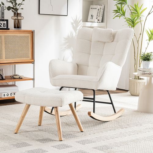 Fauteuil à Bascule Avec Repose-pieds, Rocking Chair Confortable En Tissu, Métal Et Bois, Blanc