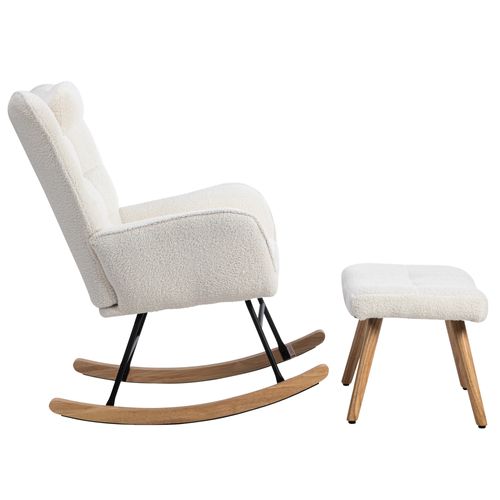Fauteuil à Bascule Avec Repose-pieds, Rocking Chair Confortable En Tissu, Métal Et Bois, Blanc
