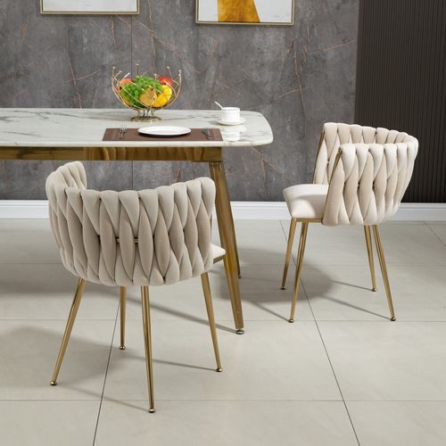 Lot De 2 Chaises Salle à Manger, Dossier Tressé Main, Assise Rembourrée, Pieds Métal Doré, Ivoire