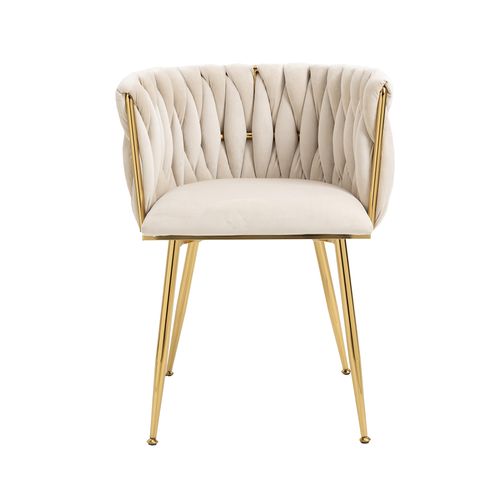 Lot De 2 Chaises Salle à Manger, Dossier Tressé Main, Assise Rembourrée, Pieds Métal Doré, Ivoire