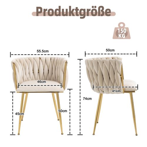 Lot De 2 Chaises Salle à Manger, Dossier Tressé Main, Assise Rembourrée, Pieds Métal Doré, Ivoire