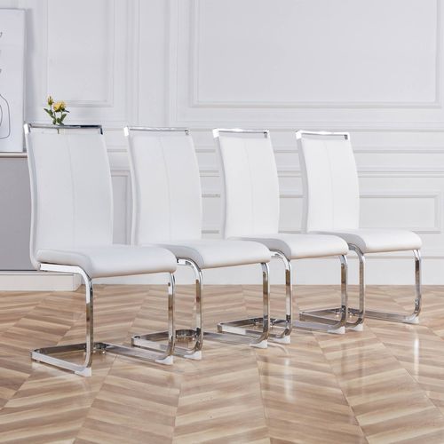 Lot De 4 Chaises Cantilever à Piètement Luge, Simili, Assise Rembourrée, Métal Et Pu, Blanc