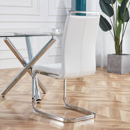 Lot De 4 Chaises Cantilever à Piètement Luge, Simili, Assise Rembourrée, Métal Et Pu, Blanc
