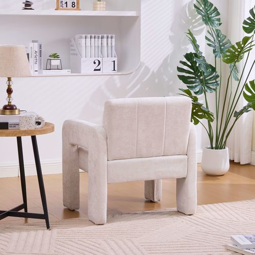 Fauteuil Fixe Moderne, Accoudoirs, Assise Moelleuse Chenille Et Mousse, Design Nordique, Beige
