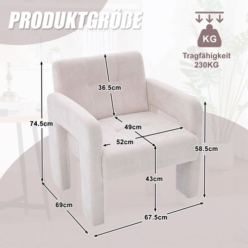 Fauteuil Fixe Moderne, Accoudoirs, Assise Moelleuse Chenille Et Mousse, Design Nordique, Beige