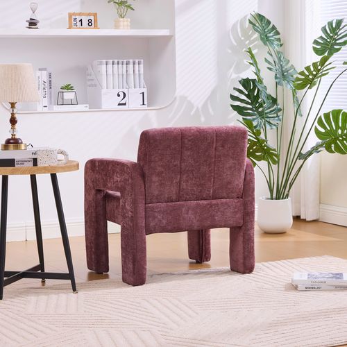 Fauteuil Fixe Moderne, Accoudoirs, Assise Moelleuse Chenille Et Mousse, Design Nordique, Bordeaux