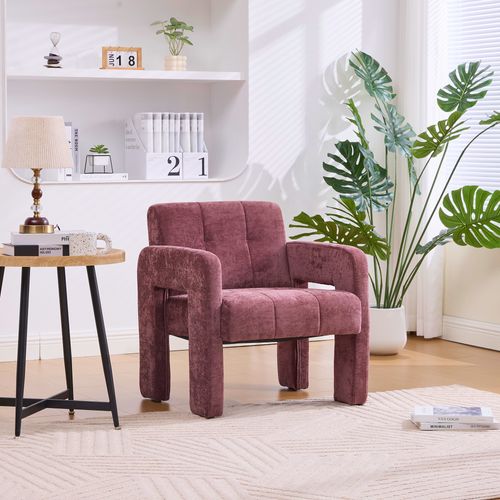Fauteuil Fixe Moderne, Accoudoirs, Assise Moelleuse Chenille Et Mousse, Design Nordique, Bordeaux