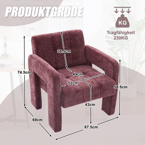 Fauteuil Fixe Moderne, Accoudoirs, Assise Moelleuse Chenille Et Mousse, Design Nordique, Bordeaux