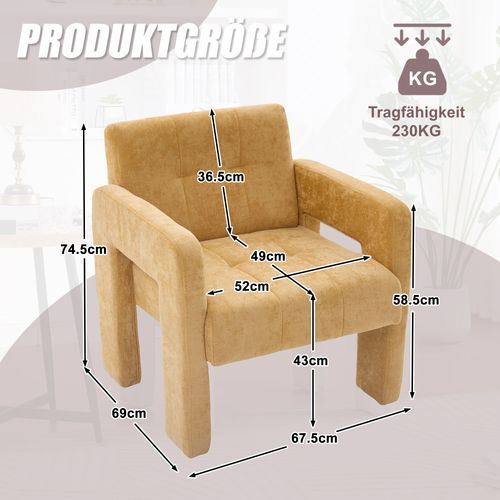 Fauteuil Fixe Moderne, Accoudoirs, Assise Moelleuse Chenille Et Mousse, Design Nordique,moutarde