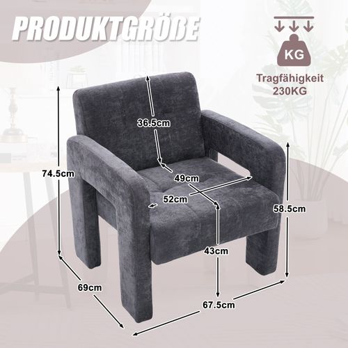 Fauteuil Fixe Moderne, Accoudoirs, Assise Moelleuse Chenille Et Mousse, Design Nordique, Gris