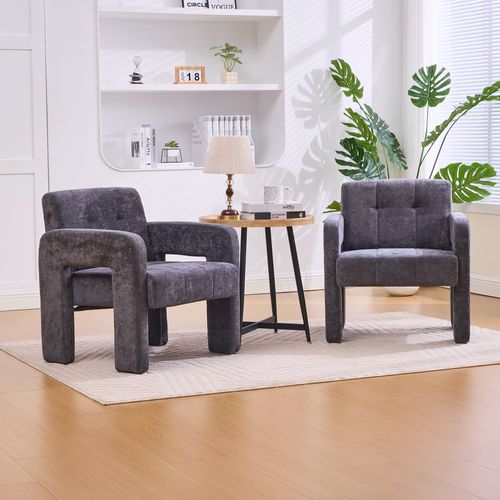Fauteuil Fixe Moderne, Accoudoirs, Assise Moelleuse Chenille Et Mousse, Design Nordique, Gris