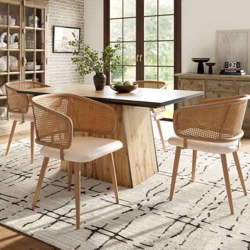 Lot De 6 Chaises Salle à Manger, Dossier Rotin, Assise Confortable Pu - Design Moderne, Beige