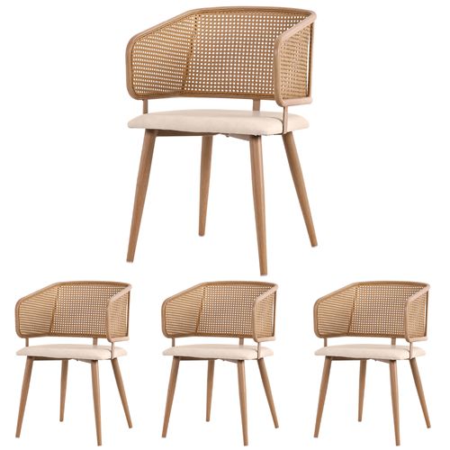 Lot De 4 Chaises Salle à Manger, Dossier Rotin, Assise Confortable Pu, Design Moderne, Beige