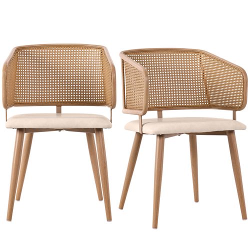 Lot De 2 Chaises Salle à Manger, Dossier Rotin, Assise Pu Confortable, Design Moderne, Beige