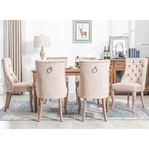 Lot De 6 Chaises Salle à Manger Avec Dossier Haut, Pieds Solides, Bois , Assise Velours Beige