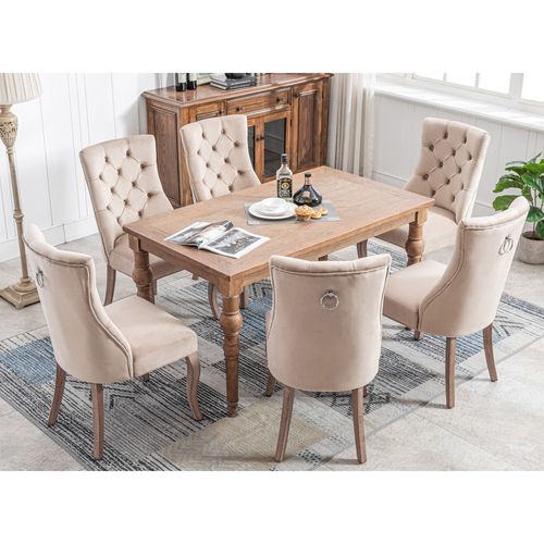 Lot De 6 Chaises Salle à Manger Avec Dossier Haut, Pieds Solides, Bois , Assise Velours Beige