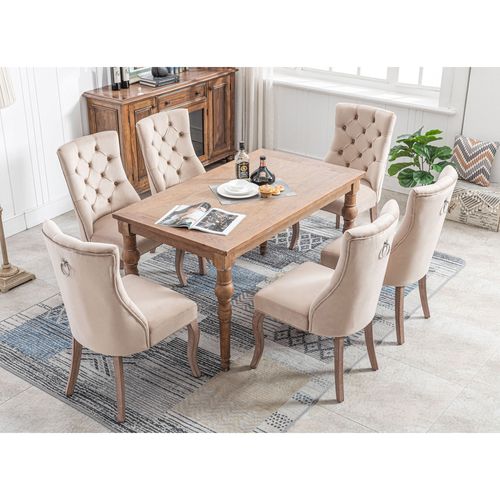 Lot De 6 Chaises Salle à Manger Avec Dossier Haut, Pieds Solides, Bois , Assise Velours Beige