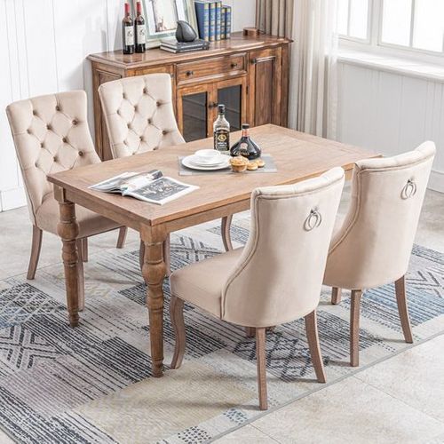 Lot De 4 Chaises Salle à Manger Avec Dossier Haut, Pieds Solides, Bois , Assise Velours Beige