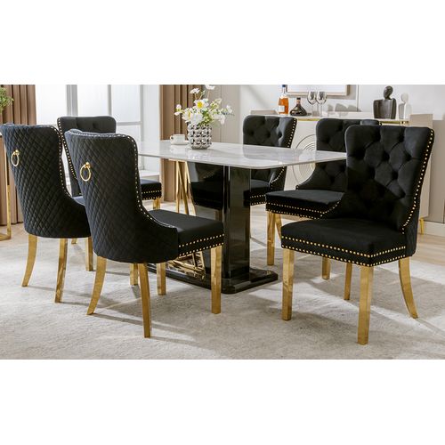 Lot De 6 Chaises Salle à Manger, Dossier Anneau, Assise Velours, Structure Métal, Noir