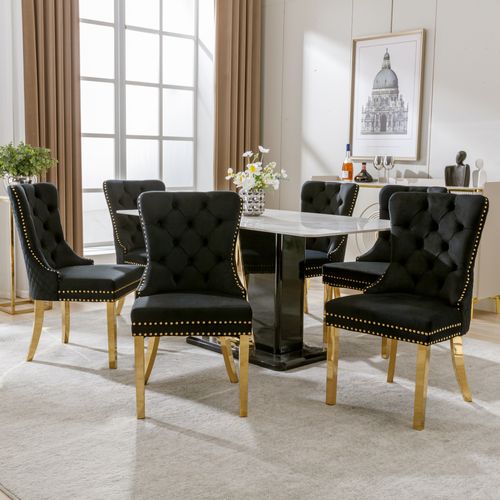 Lot De 6 Chaises Salle à Manger, Dossier Anneau, Assise Velours, Structure Métal, Noir