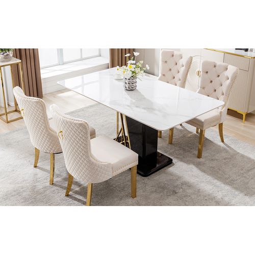 Lot De 4 Chaises Salle à Manger, Dossier Anneau, Assise Velours, Structure Métal, Beige