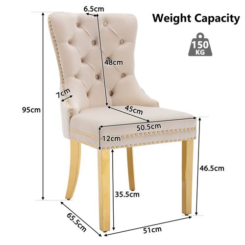 Lot De 4 Chaises Salle à Manger, Dossier Anneau, Assise Velours, Structure Métal, Beige