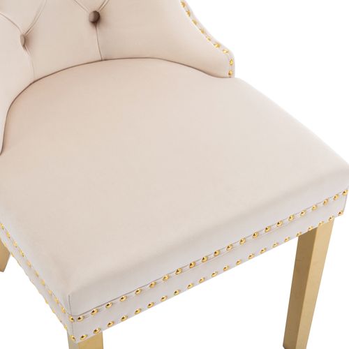 Lot De 4 Chaises Salle à Manger, Dossier Anneau, Assise Velours, Structure Métal, Beige