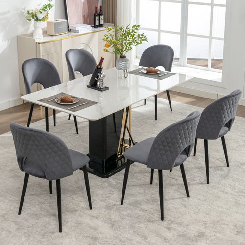 Lot De 6 Chaises Velours, Dossier Motif Losange, Pieds Métal Réglables, Gris