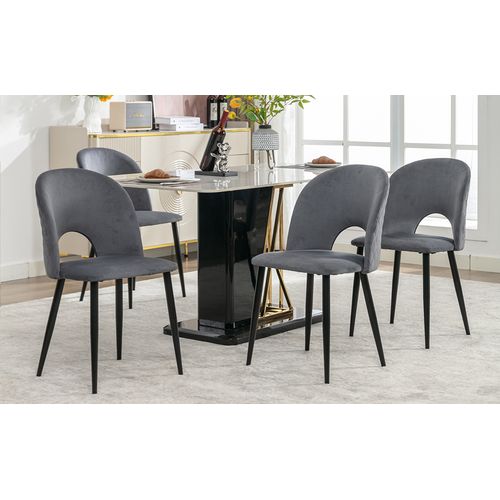 Lot De 4 Chaises Velours, Dossier Motif Losange, Pieds Métal Réglables, Gris