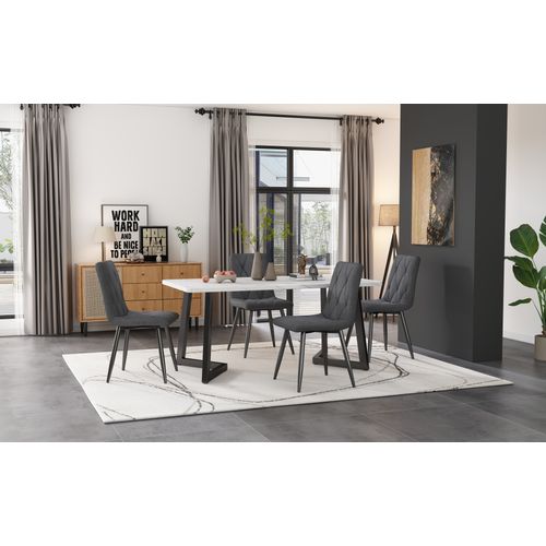 Lot De 4 Chaises Lin, Dossier Confortable, Pieds Métal Noirs, Gris Foncé