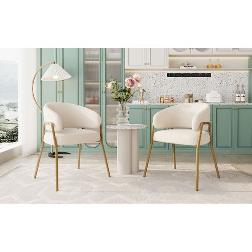 Lot De 4 Chaises Tissu Imitation Laine Blanc, Pieds Métal Dorés, Design Moderne