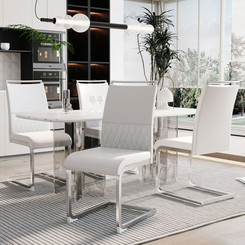 Lot De 4 Chaises Pu Et Lin Blanc, Dossier Rayé, Pieds Métal, Style Moderne