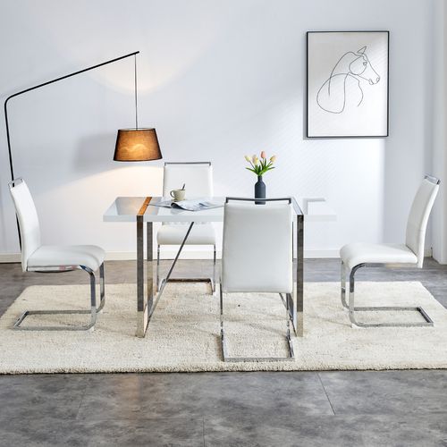 Lot De 4 Chaises Pu Et Lin Blanc, Dossier Rayé, Pieds Métal, Style Moderne