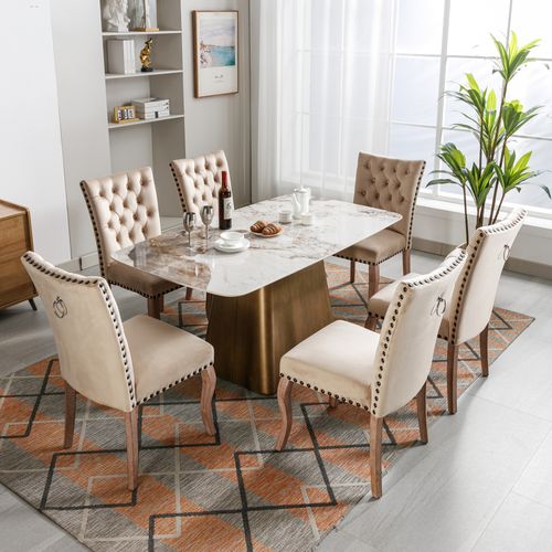 Lot De 6 Chaises Velours, Dossier Avec Anneau Et Clous Décoratifs, Pieds Bois , Beige