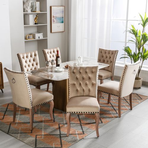 Lot De 6 Chaises Velours, Dossier Avec Anneau Et Clous Décoratifs, Pieds Bois , Beige