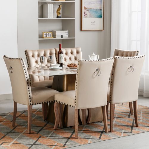 Lot De 6 Chaises Velours, Dossier Avec Anneau Et Clous Décoratifs, Pieds Bois , Beige