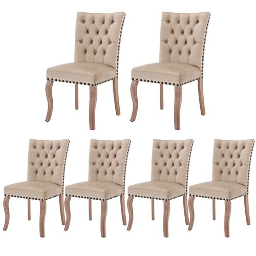 Lot De 6 Chaises Velours, Dossier Avec Anneau Et Clous Décoratifs, Pieds Bois , Beige