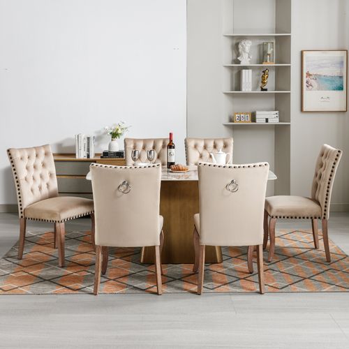 Lot De 6 Chaises Velours, Dossier Avec Anneau Et Clous Décoratifs, Pieds Bois , Beige