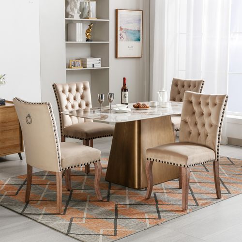 Lot De 4 Chaises Velours, Dossier Avec Anneau Et Clous Décoratifs, Pieds Bois , Beige