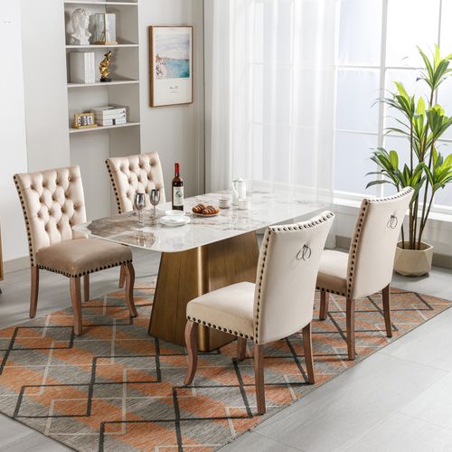 Lot De 4 Chaises Velours, Dossier Avec Anneau Et Clous Décoratifs, Pieds Bois , Beige
