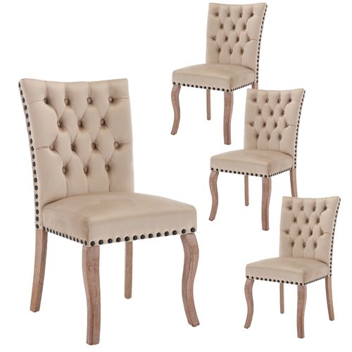 Lot De 4 Chaises Velours, Dossier Avec Anneau Et Clous Décoratifs, Pieds Bois , Beige