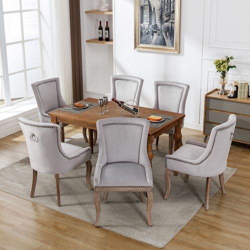 Chaises De Salle à Manger - Lot De 6 Chaises En Velours, Clous, Pieds En Bois Massif, Gris