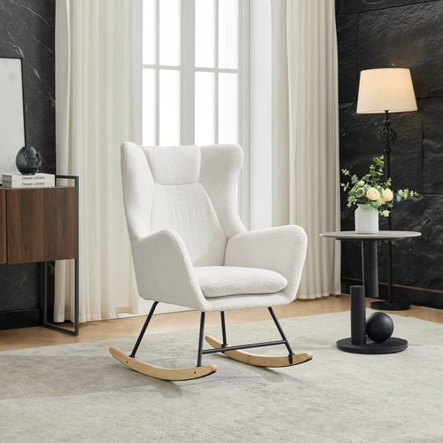 Fauteuil à Bascule Relax Rembourré , Repose-Pieds Amovible, Dossier Haut, Tissu teddy, Blanc