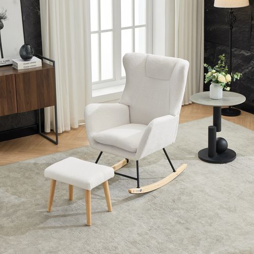 Fauteuil à Bascule Relax Rembourré , Repose-Pieds Amovible, Dossier Haut, Tissu teddy, Blanc