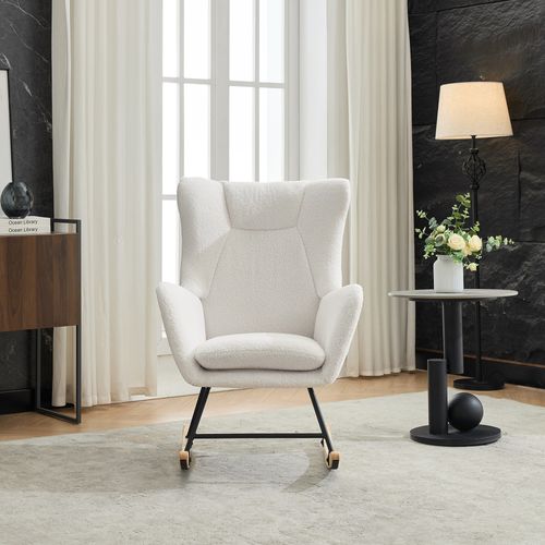 Fauteuil à Bascule Relax Rembourré , Repose-Pieds Amovible, Dossier Haut, Tissu teddy, Blanc