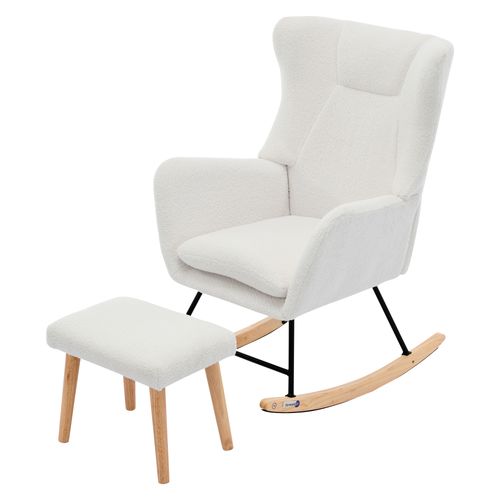 Fauteuil à Bascule Relax Rembourré , Repose-Pieds Amovible, Dossier Haut, Tissu teddy, Blanc