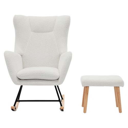 Fauteuil à Bascule Relax Rembourré , Repose-Pieds Amovible, Dossier Haut, Tissu teddy, Blanc