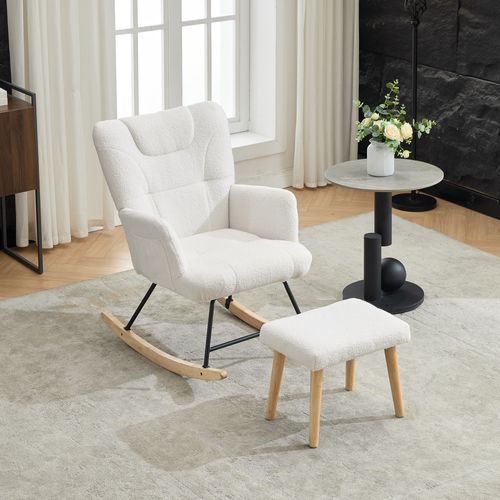 Fauteuil à Bascule Relax Rembourré Ajustable, Repose-Pieds Amovible, Dossier Haut, Teddy, Blanc