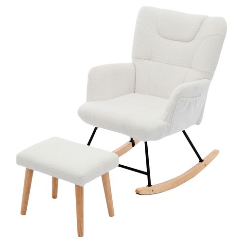 Fauteuil à Bascule Relax Rembourré Ajustable, Repose-Pieds Amovible, Dossier Haut, Teddy, Blanc